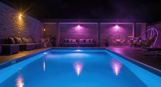 Night pool scene with neon lighting highlighting a patio with seating and a brick wall. Calm water reflects the lights
