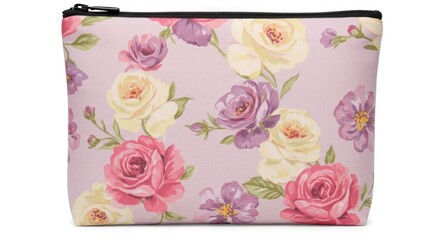 A rectangular cosmetic bag displays a repeating floral pattern featuring roses and other blooms in shades of pink, yellow, and purple