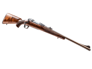 A meticulously crafted hunting rifle, showcasing rich wooden detailing and sleek metallic components, rests on a light backdrop.