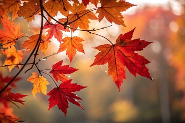 Vibrant Autumn Maple Leaves With Red and Orange Colors Glowing in Soft Natural Light