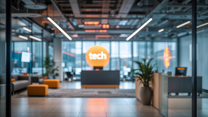 Modern tech company office reception area with a bright and welcoming atmosphere for visitors and employees