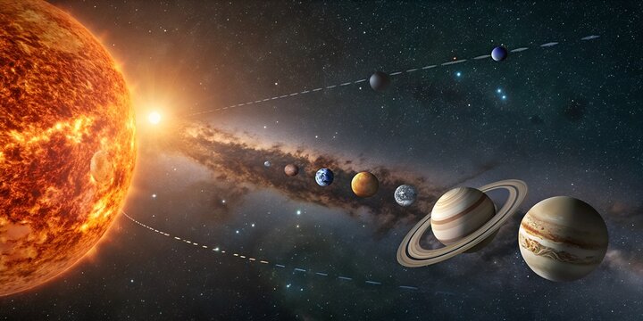 A cinematic and panoramic view of the Solar System with a radiant sun, all planets aligned, and a cosmic galaxy in the background.