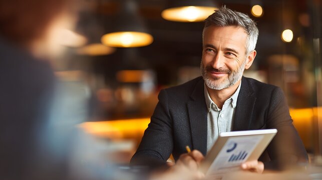 Mature professional smiles while working on a tablet reviewing charts in a cafe Relaxed and engaged in the digital presentation - Powered by Adobe