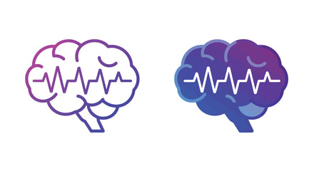 Two stylized human brain icons, one outlined and one solid, both displaying a brainwave or heartbeat pattern, symbolizing mental activity and health.