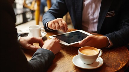 Two professionals collaborating over coffee reviewing data on a tablet device during a business meeting in a café setting