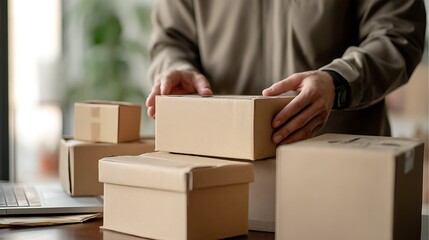 Boxes packaged for mailing A man is stacking boxes on a table with laptop Parcels are packed at home for delivery service