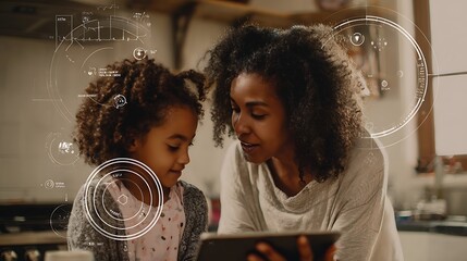 Mother and daughter using tablet in kitchen with overlay of technology Modern living made easier with tech