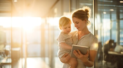 Mother holding her child looks at a tablet in a sunny office She wears a striped shirt and her son wears a similar one