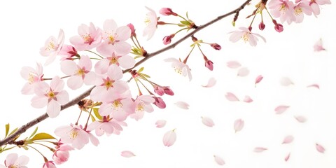 Delicate cherry blossom branch with falling petals isolated on white background.