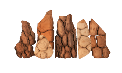 Group of digitally illustrated stylized cracked brown rocks on a black background