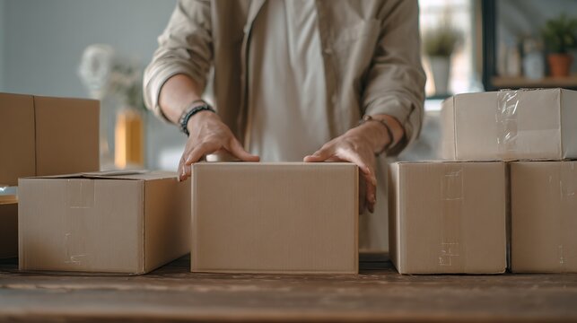 Person packing boxes: A man in a light colored shirt packs up several brown boxes preparing them for shipping or moving - Powered by Adobe