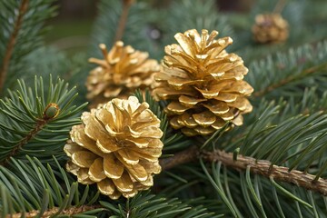 Golden Pine Cones on Green Evergreen Branches in Natural Setting