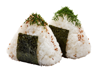 Two artfully crafted onigiri, each a perfect triangle, dressed with unique toppings, representing a culinary journey through texture, taste, and tradition. 