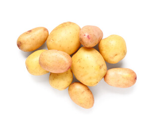 Heap of raw baby potatoes on white background