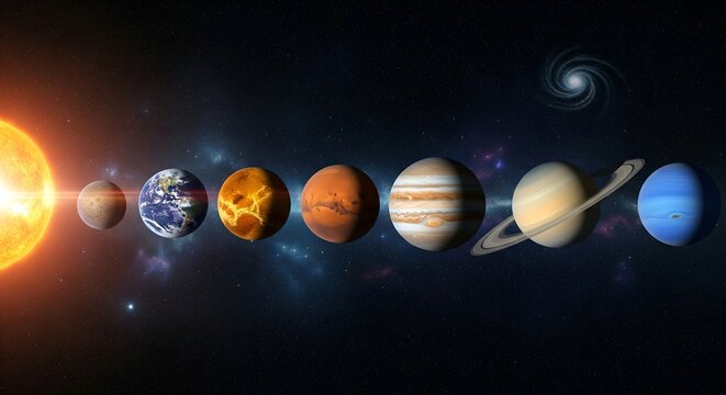 view of the Solar System showing all planets aligned in orbit around a brilliant, glowing sun with a cosmic galaxy in the background