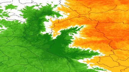 A detailed map displays a geographic region, using color gradients to illustrate elevation and vegetation.