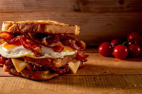Delicious sandwich with bacon, egg, cheese, and ketchup on toasted bread with tomatoes