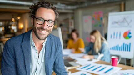 Smiling confident professional with glasses at an office team collaborating in background Business concept workspace ambiance