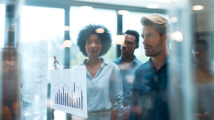 Diverse professionals analyze data trends displayed on a clear board fostering teamwork and strategic insights in their collaborative workspace