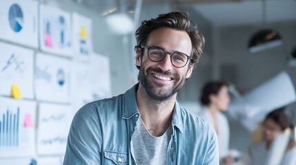 Obraz premium Confident smiling man in glasses Charts on the wall Creative professional looking toward viewer with happy friendly expression