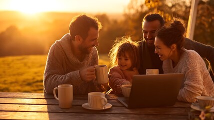 Family enjoys time outdoors sipping drinks and watching a laptop at golden hour creating a beautiful and memorable moment together