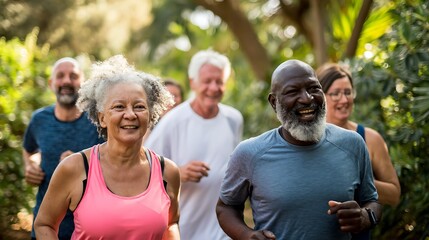 Group of diverse seniors exercising outdoors smiling and running in a park Wellness and active lifestyle for healthy aging