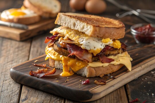 Delicious Breakfast Sandwich with Egg, Bacon, Cheese and Toast on Rustic Wooden Table