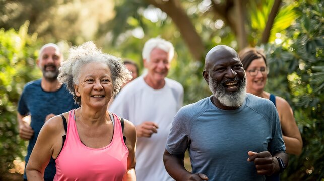 Group of diverse seniors exercising outdoors smiling and running in a park Wellness and active lifestyle for healthy aging