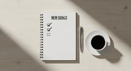 Notebook with New Goals and Coffee Cup on Wooden Table symbolizing planning and success