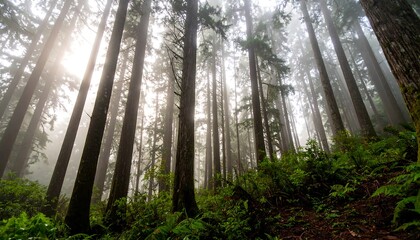 Misty forest floor, tall trees reaching for a sunlit sky, lush greenery, and a tranquil atmosphere.