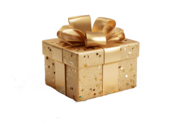 A golden gift box for Black Friday with confetti isolated on transparent background