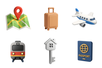 Collection of travel and transportation icons including a map pin suitcase airplane train house key and passport