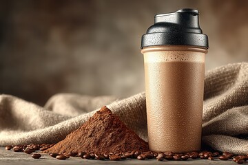 Close-Up of Protein Shake Bottle with Cocoa Powder and Coffee Beans