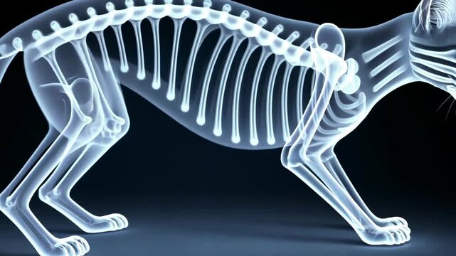 Cat anatomy, skeletal structure, muscle layout. Feline physiology. Muscles flex during running action. Skeleton supports stable movement. Cat's physiological adaptation enhances agility.