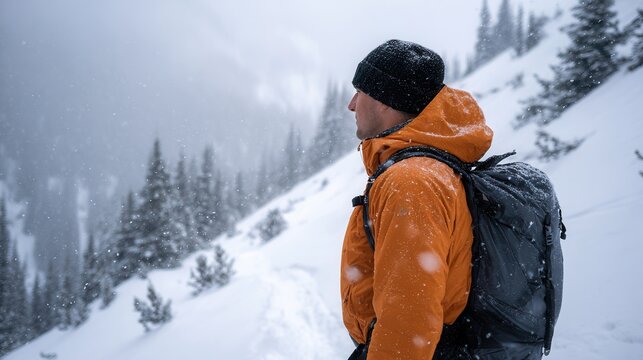 A man in an orange jacket stands on a snowy trail in the mountains during a snowstorm, surrounded by pine trees and fog.