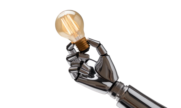 Chrome robotic hand holds lit vintage light bulb, on dark background