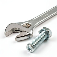 Metal spanner with bolt, isolated on a white background.
