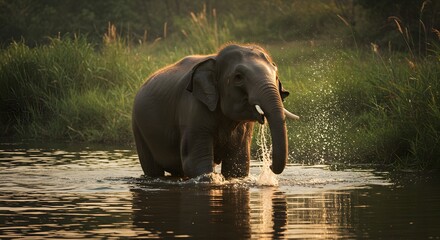 Obraz premium Elephant in water at sunset