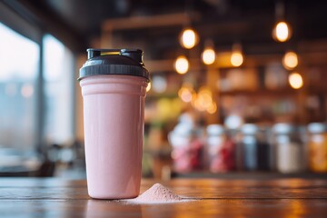 Pink Protein Shake in a Shaker Bottle with Powder on a Wooden Table