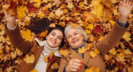Happy mother and daughter lying in autumn leaves, celebrating the fall season with love, family, and friendship in nature
