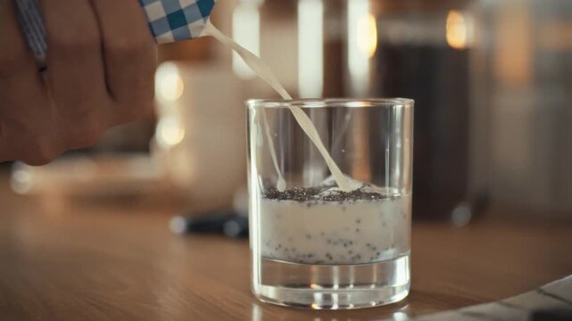 A hand is pouring milk into a glass containing chia seeds, creating a creamy mixture. This quiet morning activity takes place in a warm, inviting indoor space, perfect for breakfast