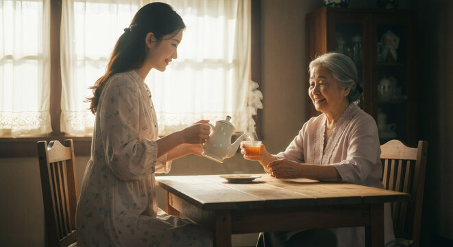 A caring young woman pours tea for her smiling elderly mother, beautifully capturing a heartwarming moment of intergenerational connection, love, and comfort in a cozy home setting.
