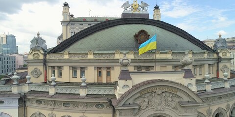 National theater opera and ballet at Kyiv city Ukraine with ukrainian flag 19 april 2018