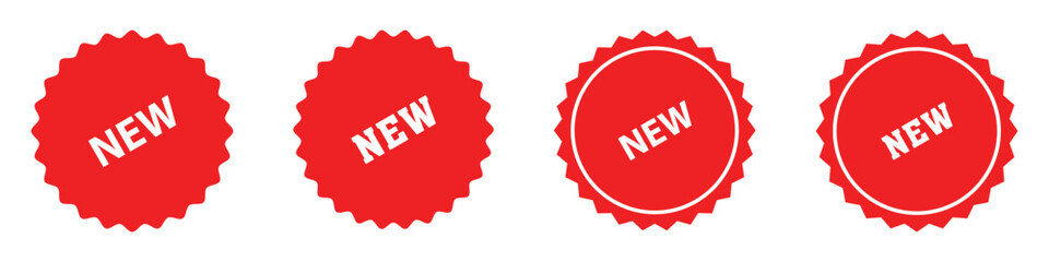 New arrival tags and stickers collection, Set of new sticker. Badges with word new. Red promotion labels for arrivals shop section. Vector illustration isolated on white background
