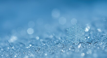 Macro shot of a delicate, intricate snowflake resting on a shimmering, frosted surface