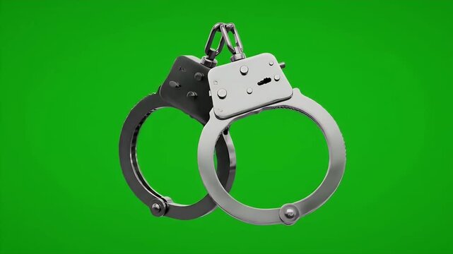 Metal handcuffs rotating slowly against a green screen for compositing.
