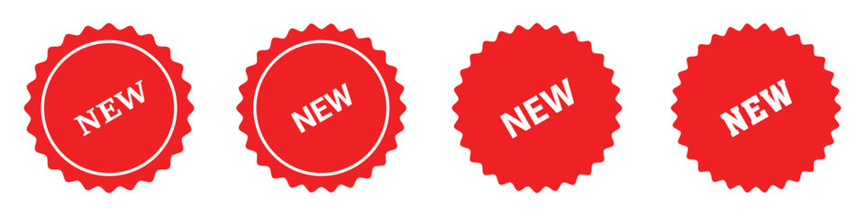 New tags. Red ribbon new product labels, new arrival badges and corners for marketing and promotion isolated vector, new product stickers for new arrival shop product tags. New icons vector.