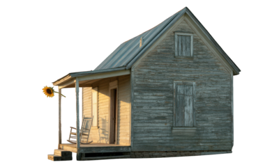 Dilapidated clapboard house, small porch, sunflower. Aged weathered wood