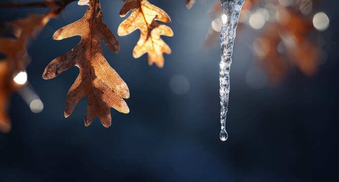 Frozen branch with autumn leaves and icicle