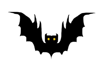Black bat silhouette with yellow eyes on white background  